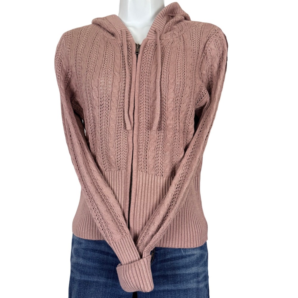 Pink Rose Womens Mauve Cable Pointelle Knit‎ Zip Up Hoodie Sweater PF5S45459 M